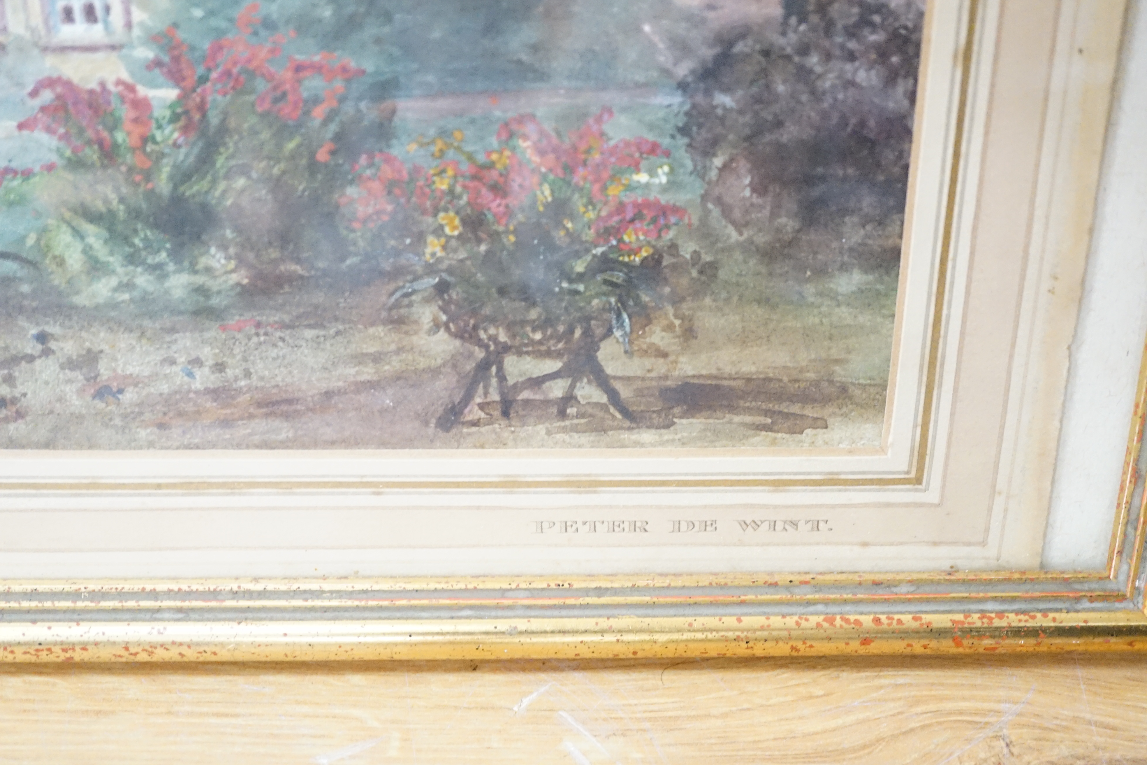 Attributed to Peter De Wint (1784-1849), watercolour, 'Marple Hall', unsigned, inscribed to the mount, 30 x 44cm. Condition - poor, discolouration and foxing, especially to the sky area